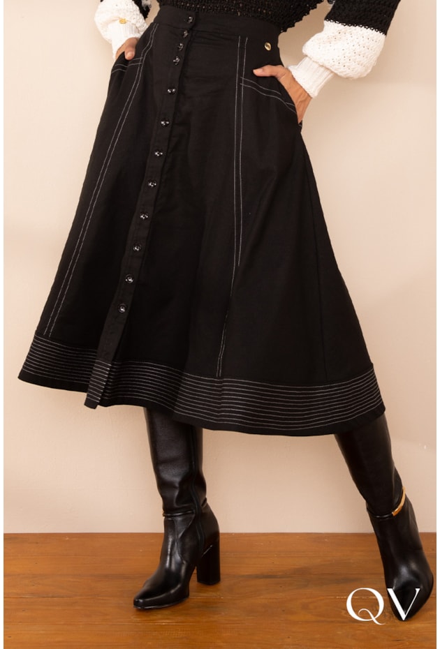 SAIA LINHO PESPONTADO PRETO - LEKAZIS SAIA LINHO PESPONTADO PRETO - LEKAZIS