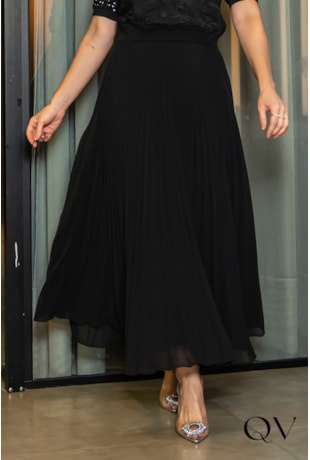SAIA LONGA CHIFFON PLISSADA PRETO - LUZIA FAZZOLLI