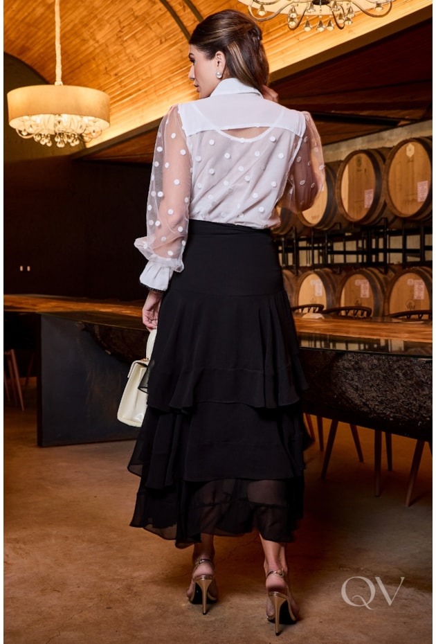 SAIA LONGA COM BABADOS EM CHIFFON PRETO - LUZIA FAZZOLLI