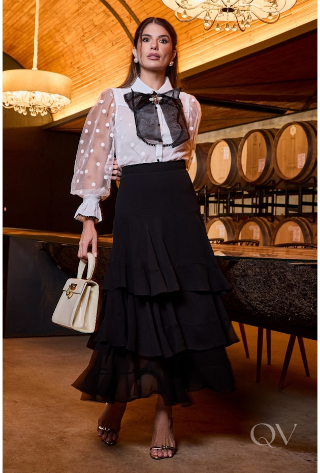 SAIA LONGA COM BABADOS EM CHIFFON PRETO - LUZIA FAZZOLLI