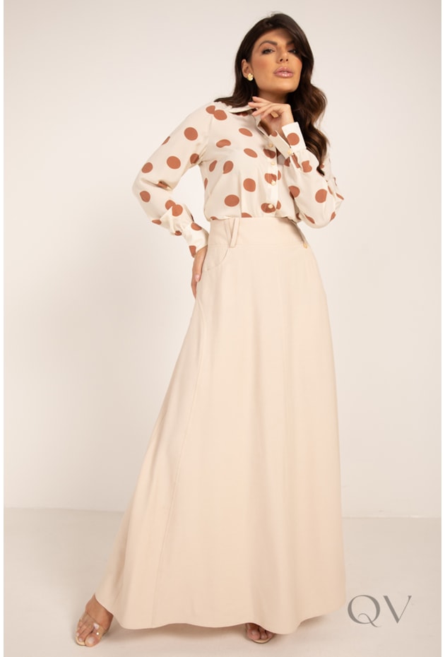 SAIA LONGA COM BOLSO EM VISCOSE ALFAIATARIA BEGE - LEKAZIS