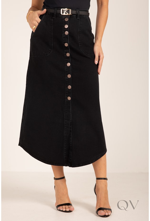 SAIA LONGA COM BOTÕES EM JEANS PRETO - LEKAZIS