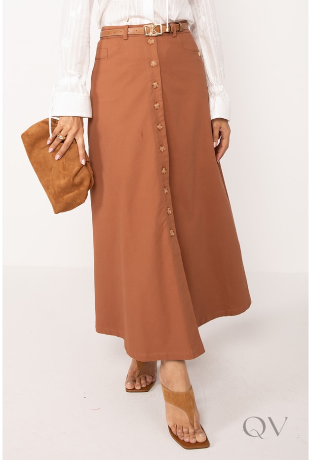 SAIA LONGA COM BOTÕES FRONTAIS EM SARJA MARROM CLARO - LEKAZIS