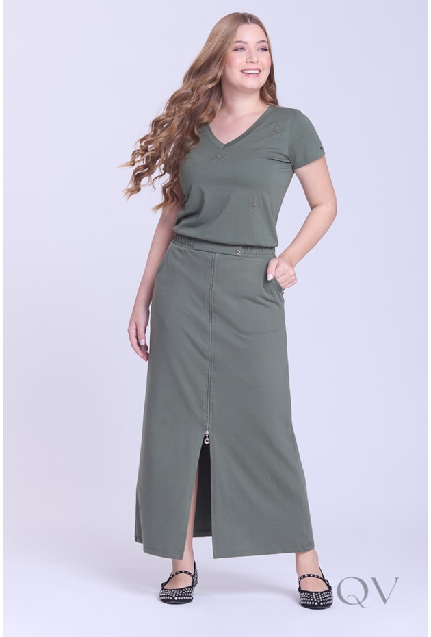 SAIA LONGA COM FENDA EM MOLETINHO VERDE MILITAR - HAPUK