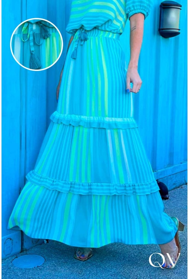 SAIA LONGA CREPE TRÊS MARIAS LISTRADA VERDE - EVA BELLA SAIA LONGA CREPE TRÊS MARIAS LISTRADA VERDE - EVA BELLA