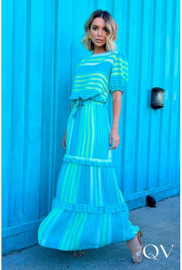 SAIA LONGA CREPE TRÊS MARIAS LISTRADA VERDE - EVA BELLA SAIA LONGA CREPE TRÊS MARIAS LISTRADA VERDE - EVA BELLA