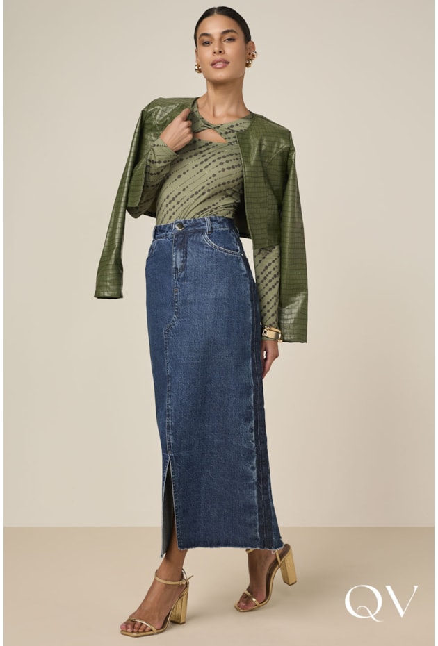SAIA LONGA EM JEANS EVASÊ COM MARCAÇÃO AZUL - TITANIUM JEANS