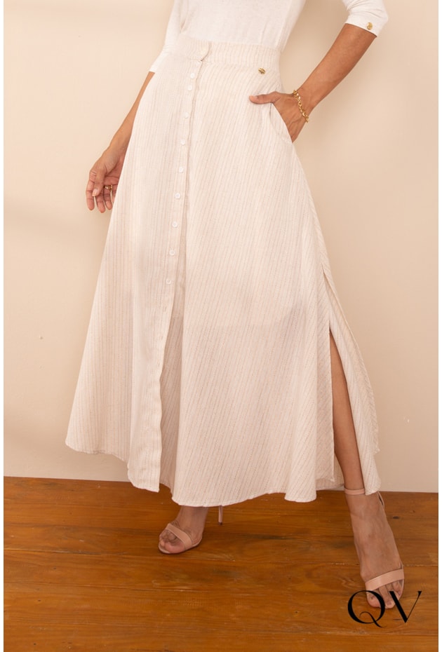 Saia Longa Em Linho Cru Lekazis QVestido Moda Executiva Feminina