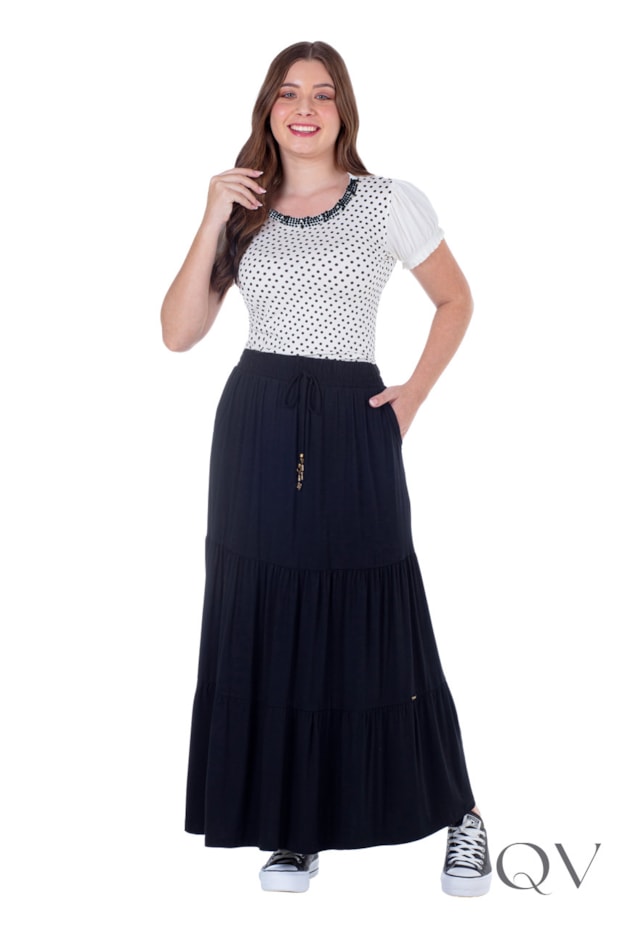 Marias Saia Midi Preta Babado Saia Longa Em Malha Três Marias