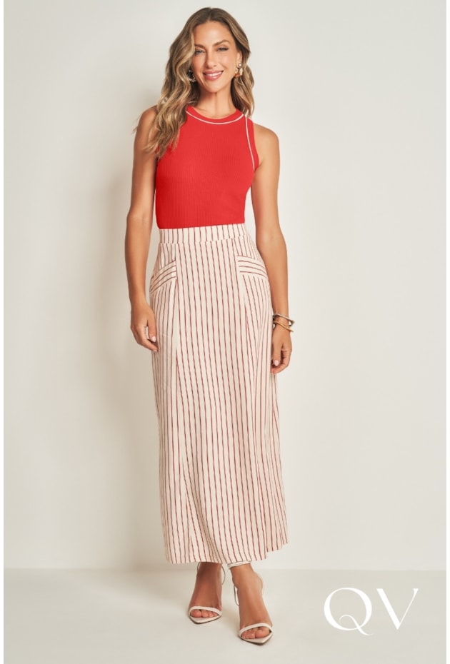 SAIA LONGA EM PLANO LINEN VERMELHO COM RISCA DE GIZ - DOCE TRAMA