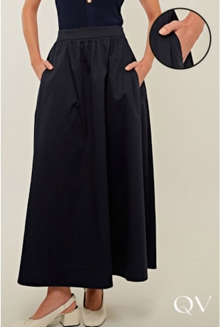 Produto SAIA LONGA EM TRICOLINE GODÊ AZUL MARINHO - LINDA DE MORRER