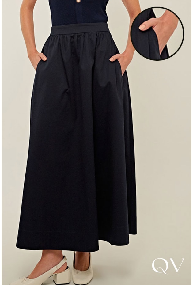 SAIA LONGA EM TRICOLINE GODÊ AZUL MARINHO - LINDA DE MORRER