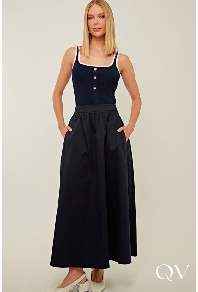 SAIA LONGA EM TRICOLINE GODÊ AZUL MARINHO - LINDA DE MORRER