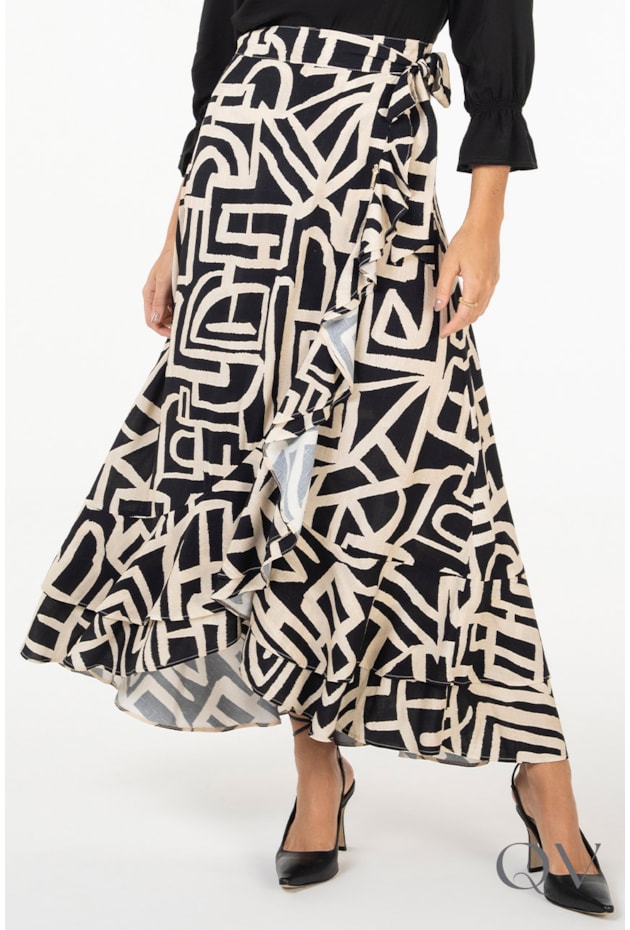 Saia Longa Estampa Geométrica Preto Via Tolentino QVestido Moda