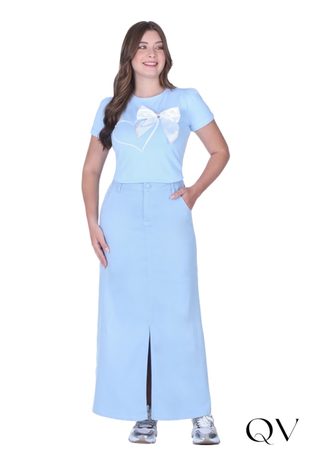 SAIA LONGA FENDA JEANS COLOR AZUL - HAPUK