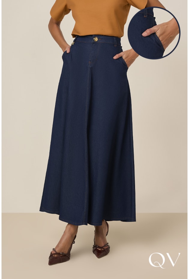 Saia Longa Godê Em Jeans Azul TITANIUM JEANS QVestido Moda