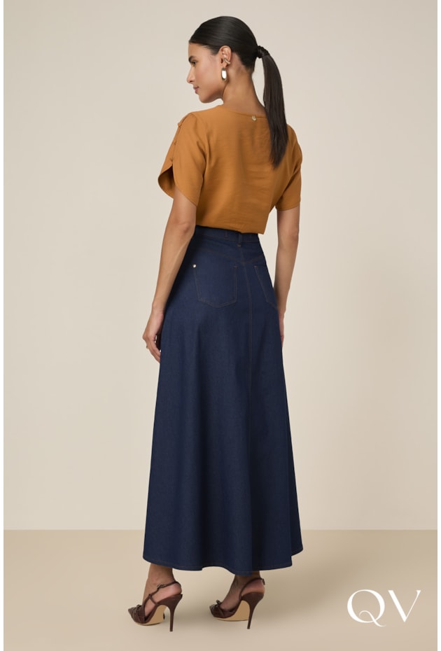 SAIA LONGA GODÊ EM JEANS AZUL - TITANIUM JEANS SAIA LONGA GODÊ EM JEANS AZUL - TITANIUM JEANS