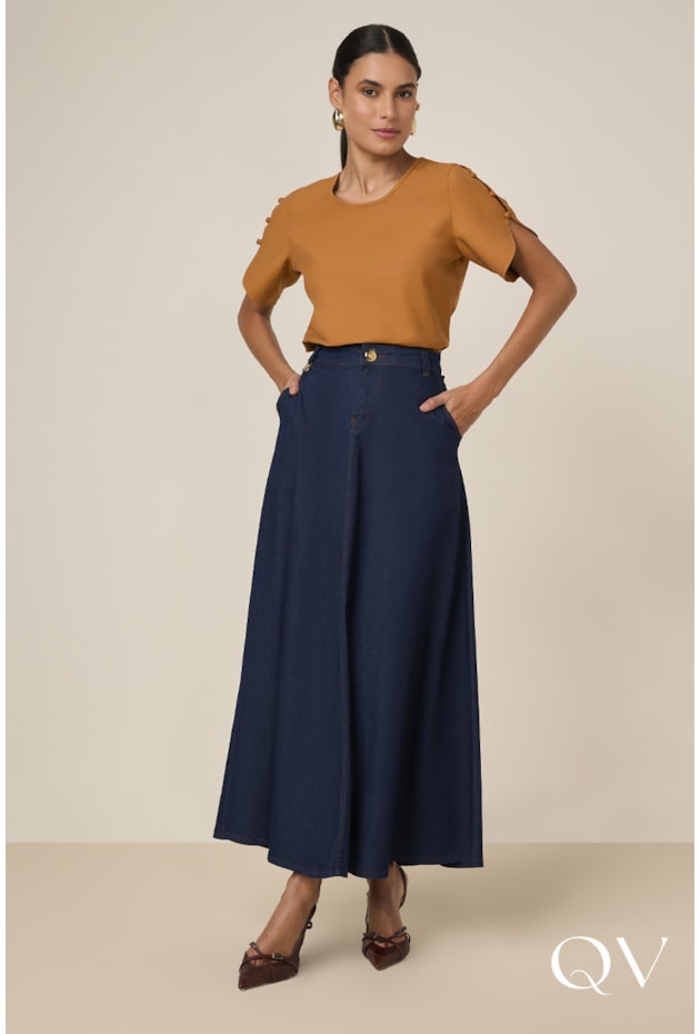 SAIA LONGA GODÊ EM JEANS AZUL - TITANIUM JEANS SAIA LONGA GODÊ EM JEANS AZUL - TITANIUM JEANS