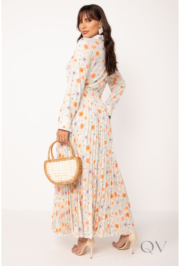 SAIA LONGA PLISSADA EM TOQUE DE SEDA FLORAL - LEKAZIS