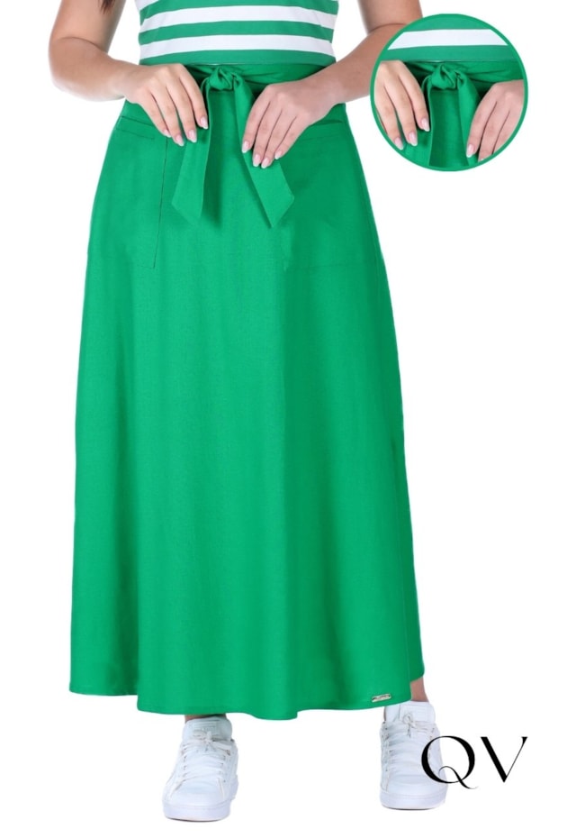 Saia Loguete Em Linho Com Faixa Verde Hapuk QVestido Moda