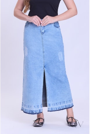 SAIA MAXI MIDI COM FENDA FRONTAL EM JEANS CLARO - HAPUK