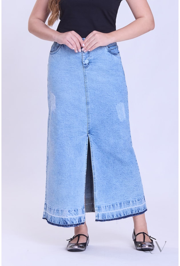 SAIA MAXI MIDI COM FENDA FRONTAL EM JEANS CLARO - HAPUK