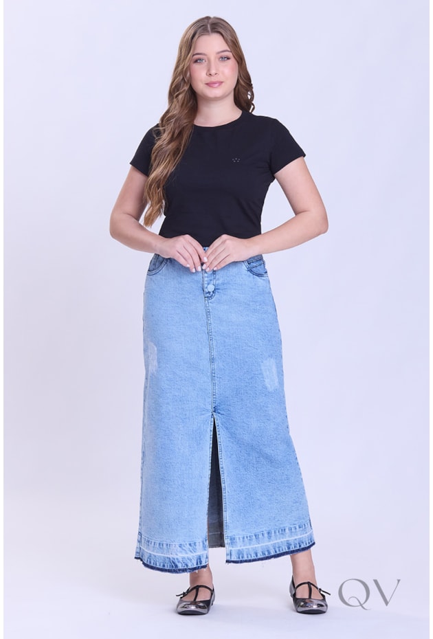 SAIA MAXI MIDI COM FENDA FRONTAL EM JEANS CLARO - HAPUK