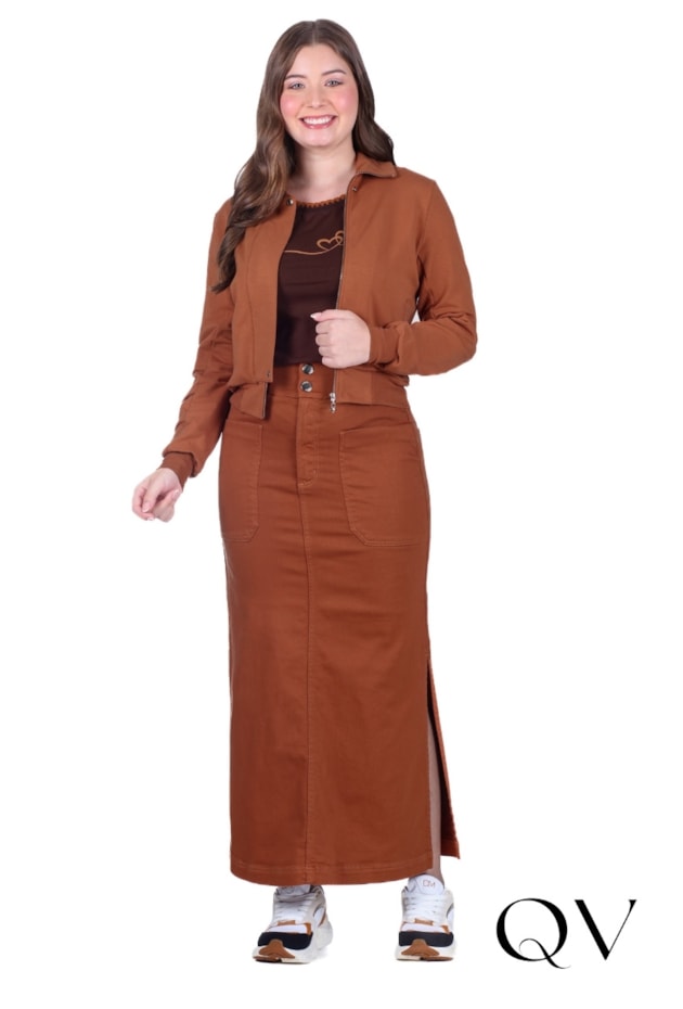 SAIA MAXI MIDI EM JEANS COLOR E MOLECOTTON CARAMELO