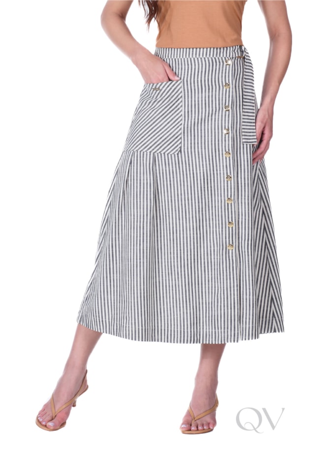 SAIA MAXI MIDI EM JEANS LISTRADO PRETO - HAPUK