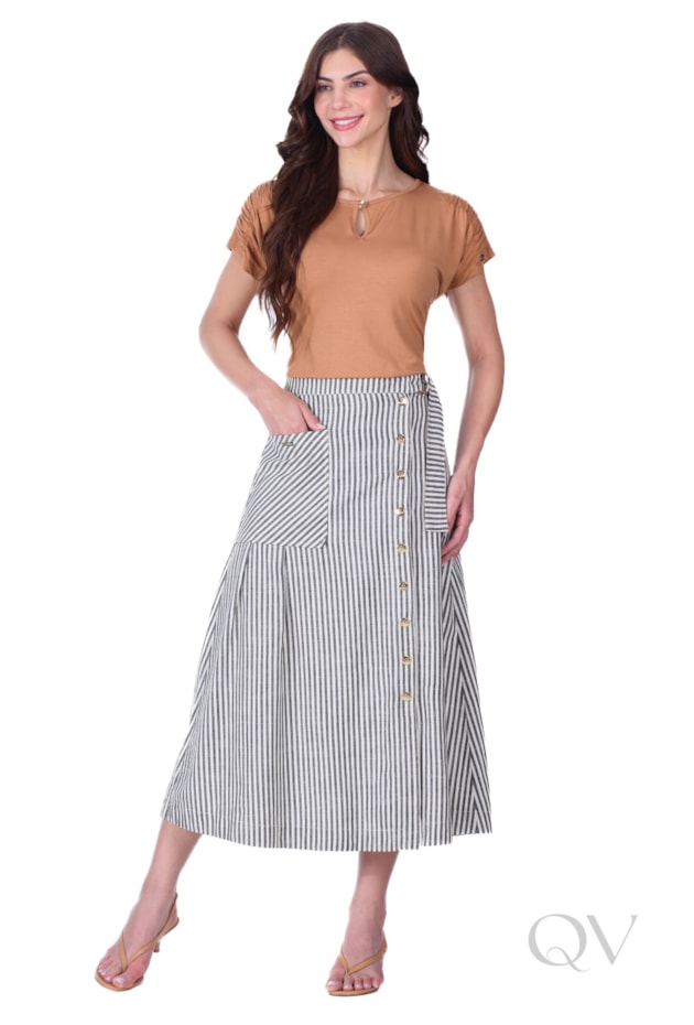 SAIA MAXI MIDI EM JEANS LISTRADO PRETO - HAPUK
