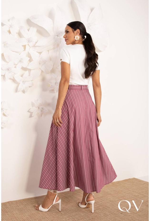 SAIA MAXI MIDI EM TRICOLINE LISTRADA CHERRY - LEKAZIS