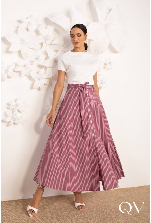 SAIA MAXI MIDI EM TRICOLINE LISTRADA CHERRY - LEKAZIS