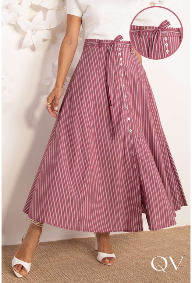 SAIA MAXI MIDI EM TRICOLINE LISTRADA CHERRY - LEKAZIS SAIA MAXI MIDI EM TRICOLINE LISTRADA CHERRY - LEKAZIS