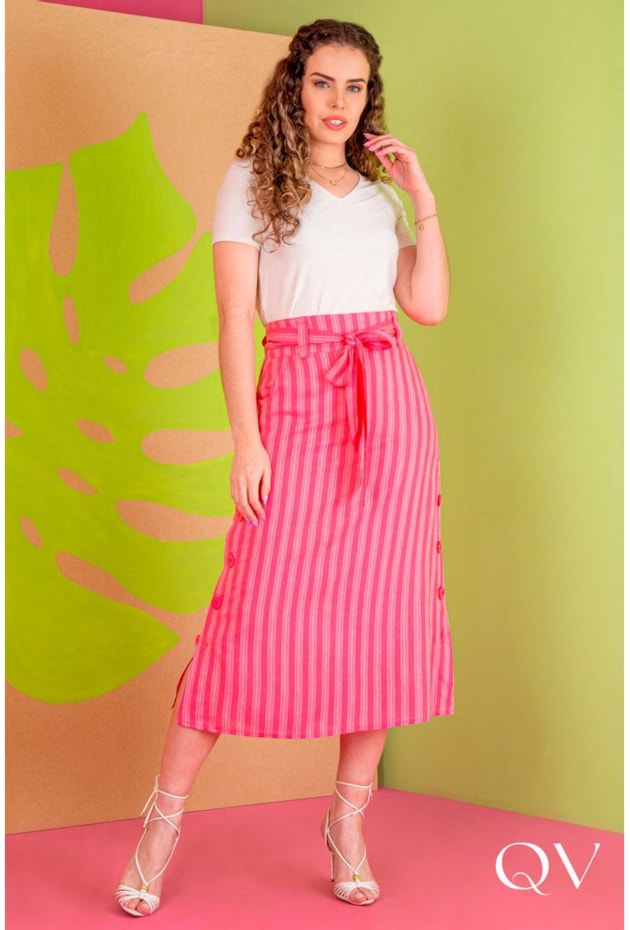 SAIA MAXI MIDI LINHO LISTRADA PINK - PURO SHARMY