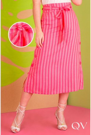 SAIA MAXI MIDI LINHO LISTRADA PINK - PURO SHARMY