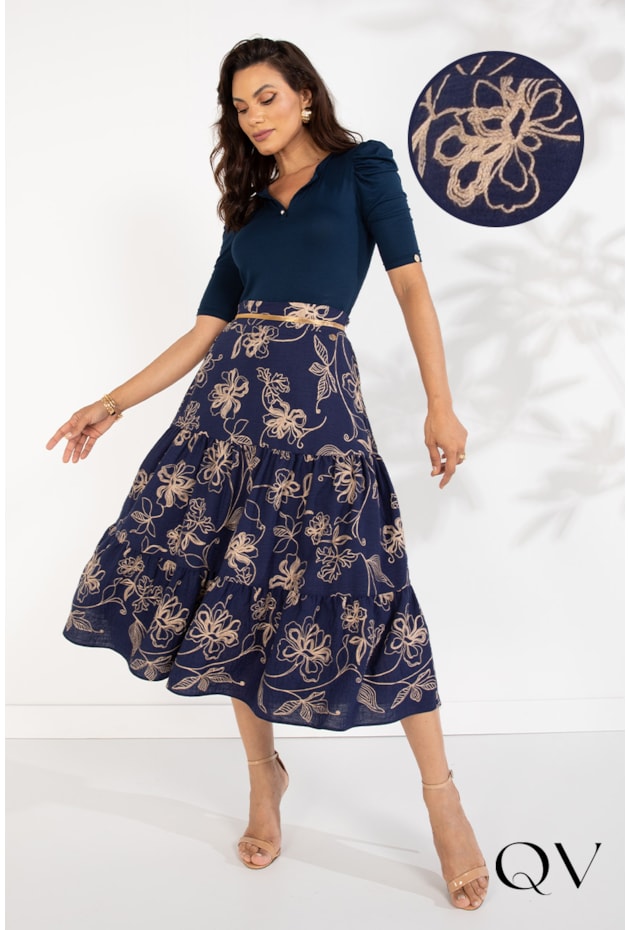 SAIA MIDI BORDADO SANTORINI MARINHO - LEKAZIS SAIA MIDI BORDADO SANTORINI MARINHO - LEKAZIS