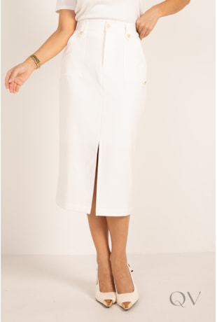 SAIA MIDI CLÁSSICA COM FENDA EM ALFAIATARIA OFF WHITE - LEKAZIS