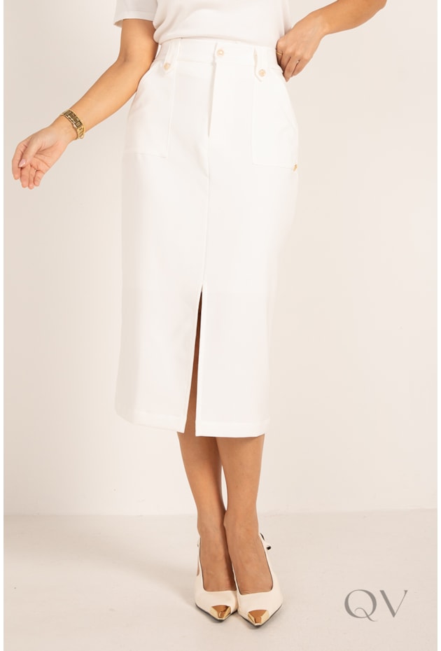 SAIA MIDI CLÁSSICA COM FENDA EM ALFAIATARIA OFF WHITE - LEKAZIS