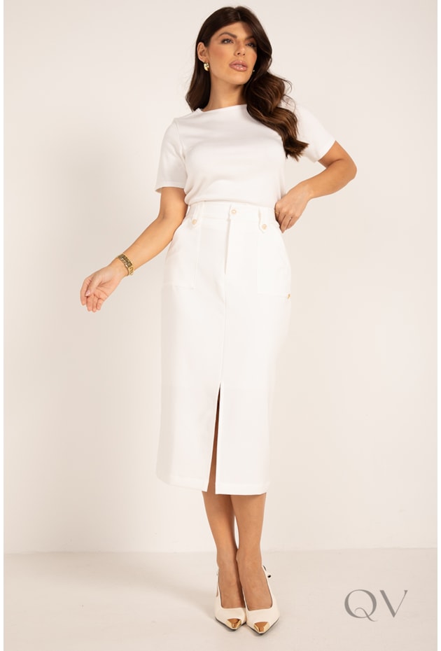 SAIA MIDI CLÁSSICA COM FENDA EM ALFAIATARIA OFF WHITE - LEKAZIS