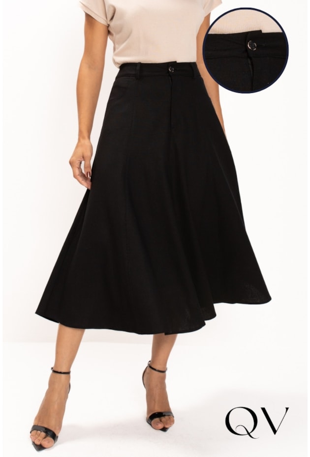 SAIA MIDI COM BOLSO EM LINHO PRETO - LEKAZIS