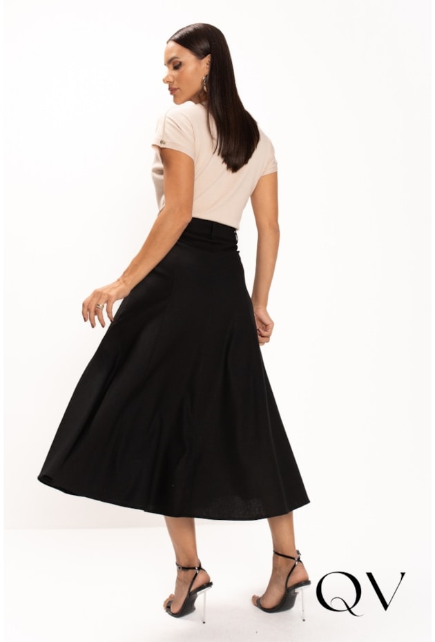 SAIA MIDI COM BOLSO EM LINHO PRETO - LEKAZIS