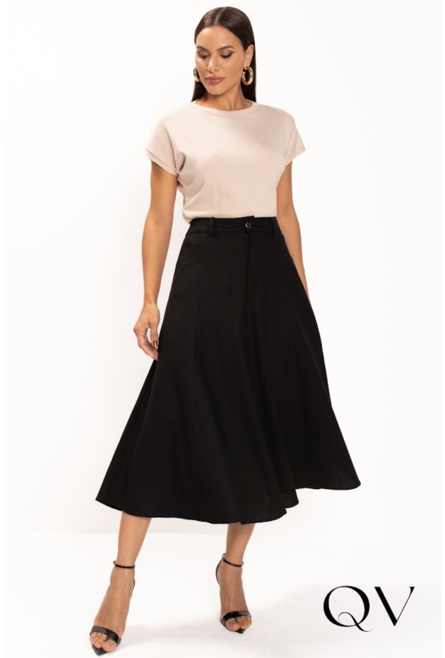 SAIA MIDI COM BOLSO EM LINHO PRETO - LEKAZIS