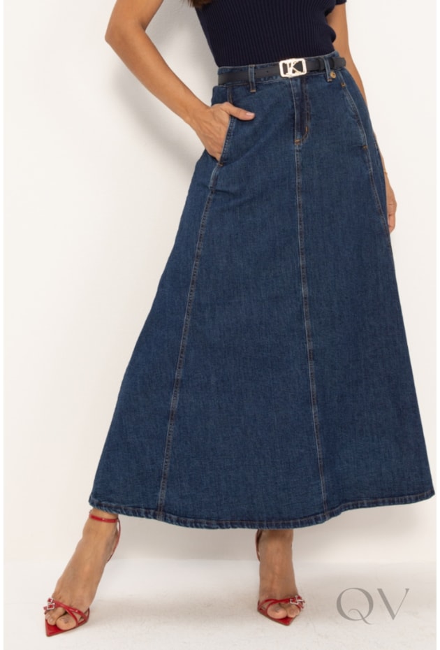 SAIA MIDI COM BOLSOS EM JEANS ESCURO - LEKAZIS