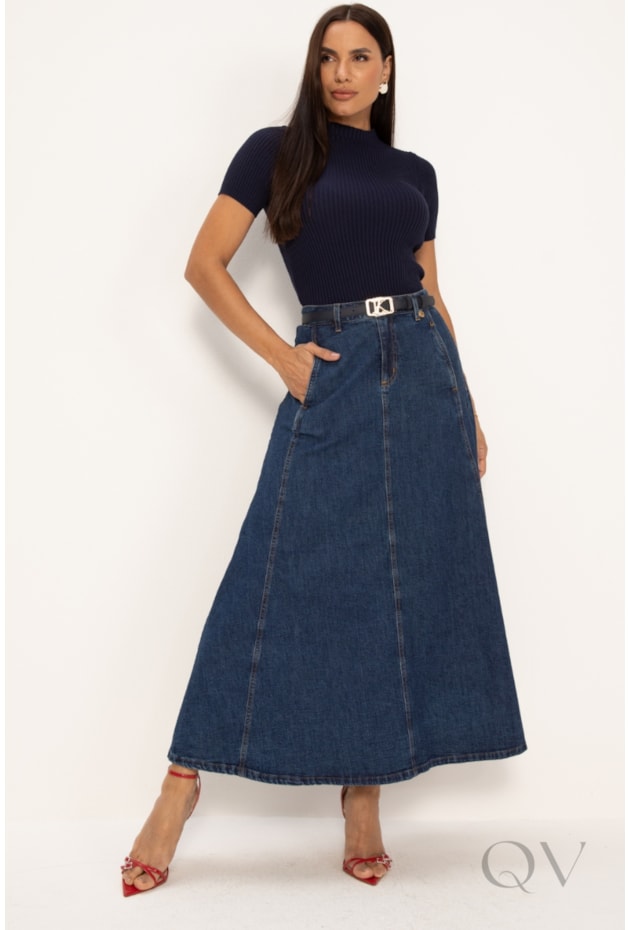 SAIA MIDI COM BOLSOS EM JEANS ESCURO - LEKAZIS