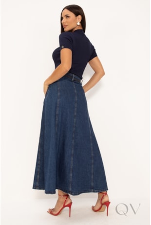 SAIA MIDI COM BOLSOS EM JEANS ESCURO - LEKAZIS