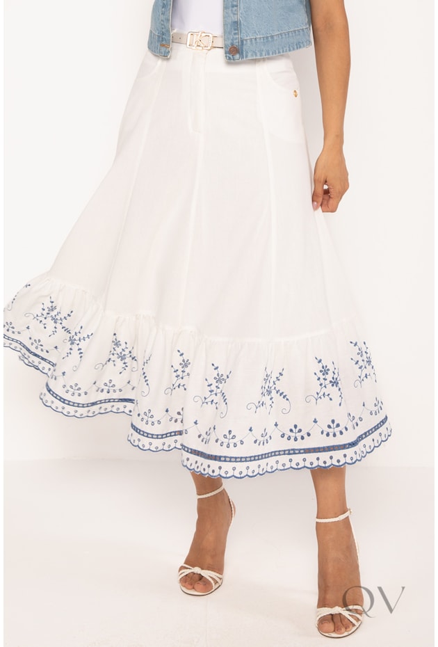 SAIA MIDI COM BORDADO E LAISE EM VISCOLINHO OFF WHITE - LEKAZIS