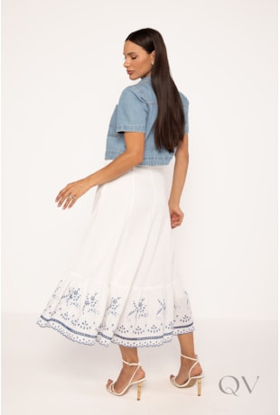 SAIA MIDI COM BORDADO E LAISE EM VISCOLINHO OFF WHITE - LEKAZIS