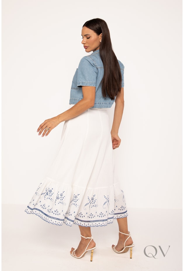 SAIA MIDI COM BORDADO E LAISE EM VISCOLINHO OFF WHITE - LEKAZIS