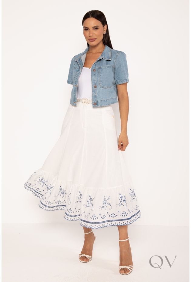 SAIA MIDI COM BORDADO E LAISE EM VISCOLINHO OFF WHITE - LEKAZIS