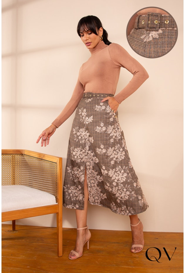 SAIA MIDI COM BORDADO FLORAL MARROM - LEKAZIS